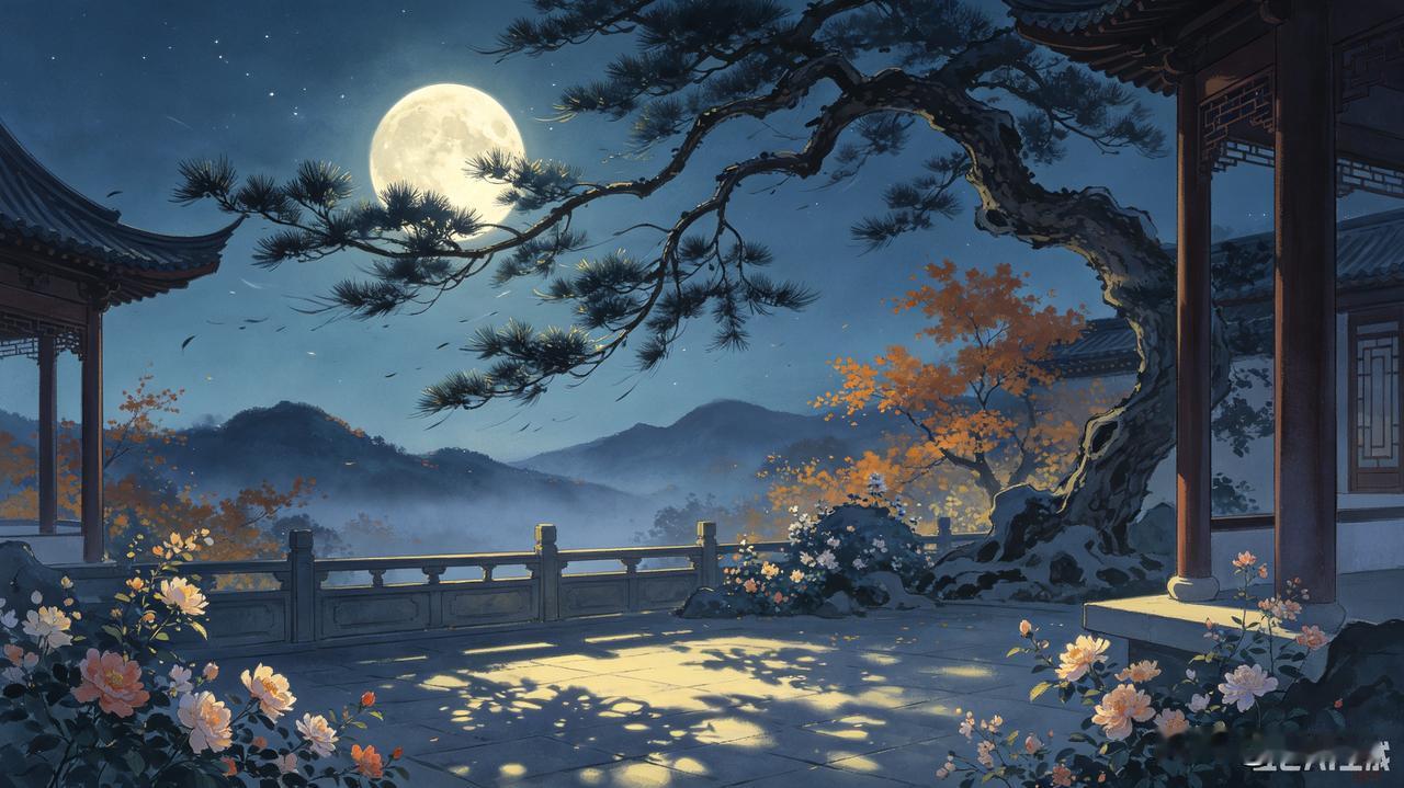 上联：一庭花影三更月
下联：半卷松风半夜秋