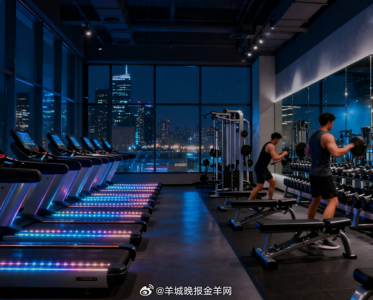 晚安 夜晚的健身房，跑步机的灯光连成一片，哑铃区有人专注锻炼，落地窗映着城市夜景
