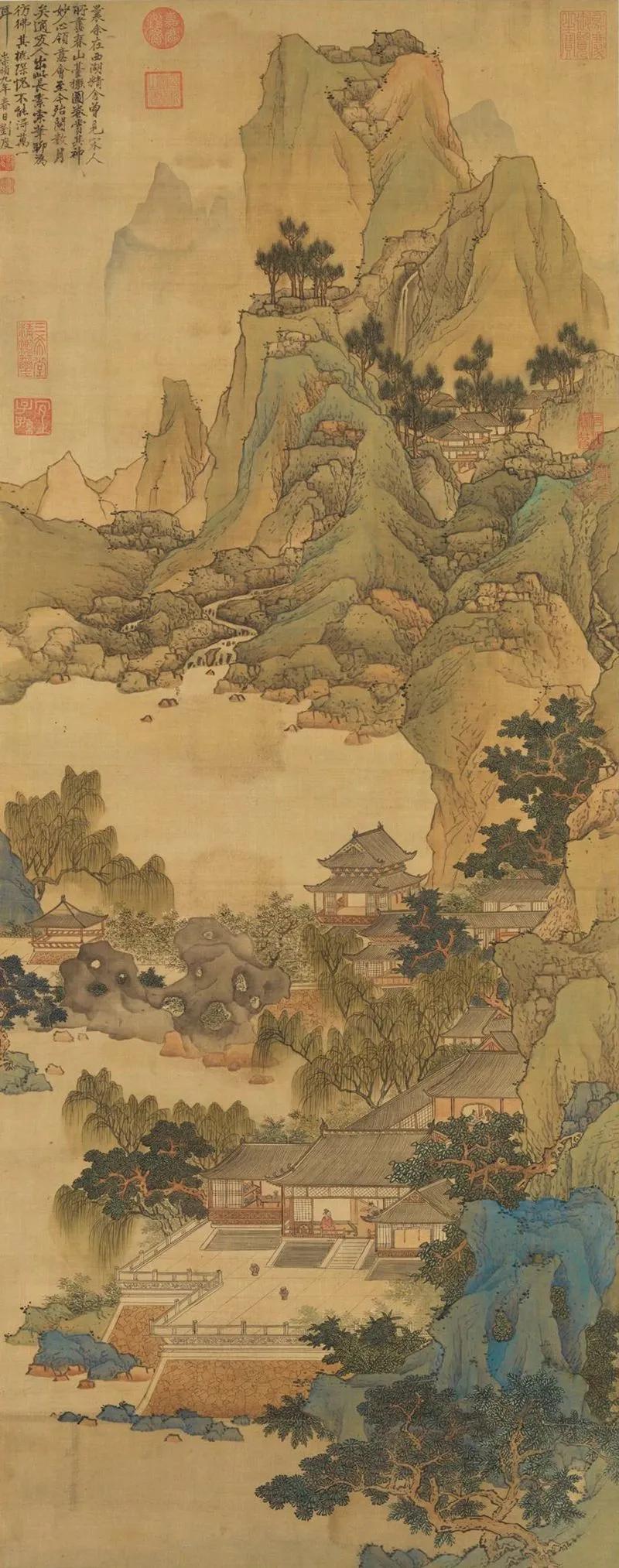 1.刘度《春山台榭图》，绢本设色，119.9×47.8m。台北故宫博物院藏。

