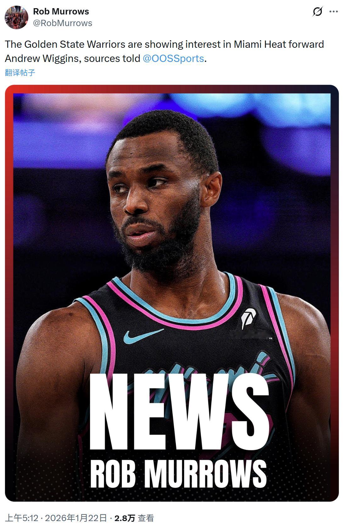 啊？记者Rob Murrows：勇士有意热火前锋安德鲁·威金斯。 
