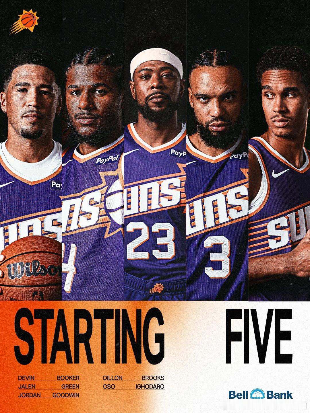 菲尼克斯太阳  双方首发：太阳：布克、格林、古德温、狄龙、伊戈达罗勇士：库里、波