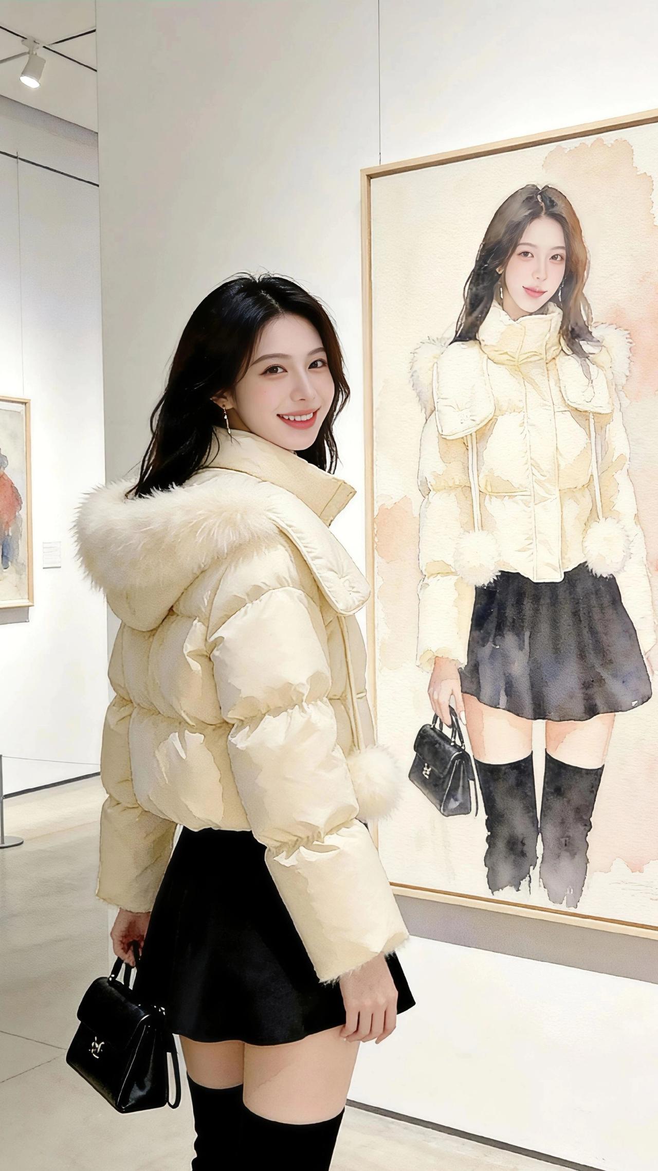 当美术馆的柔光裹住画框，她指尖轻触画布的刹那，像撞进了另一个自己的呼吸里。
 