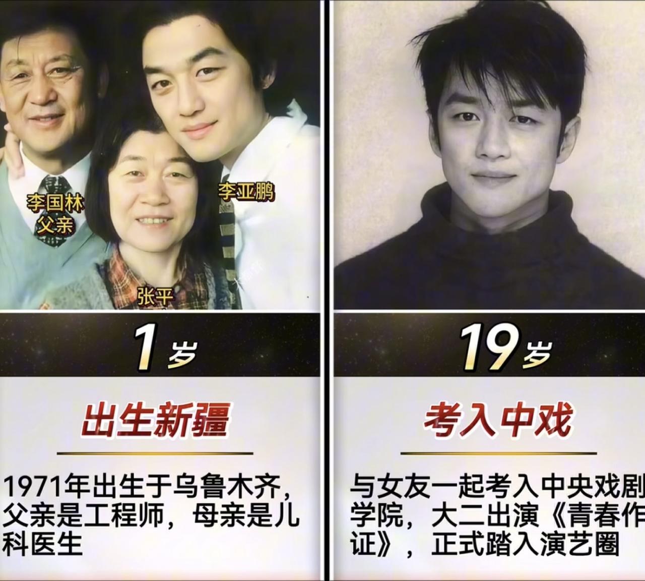 李亚鹏的人生之路：
1岁：1971年出生于乌鲁木齐，父亲是工程师，母亲是儿科医生