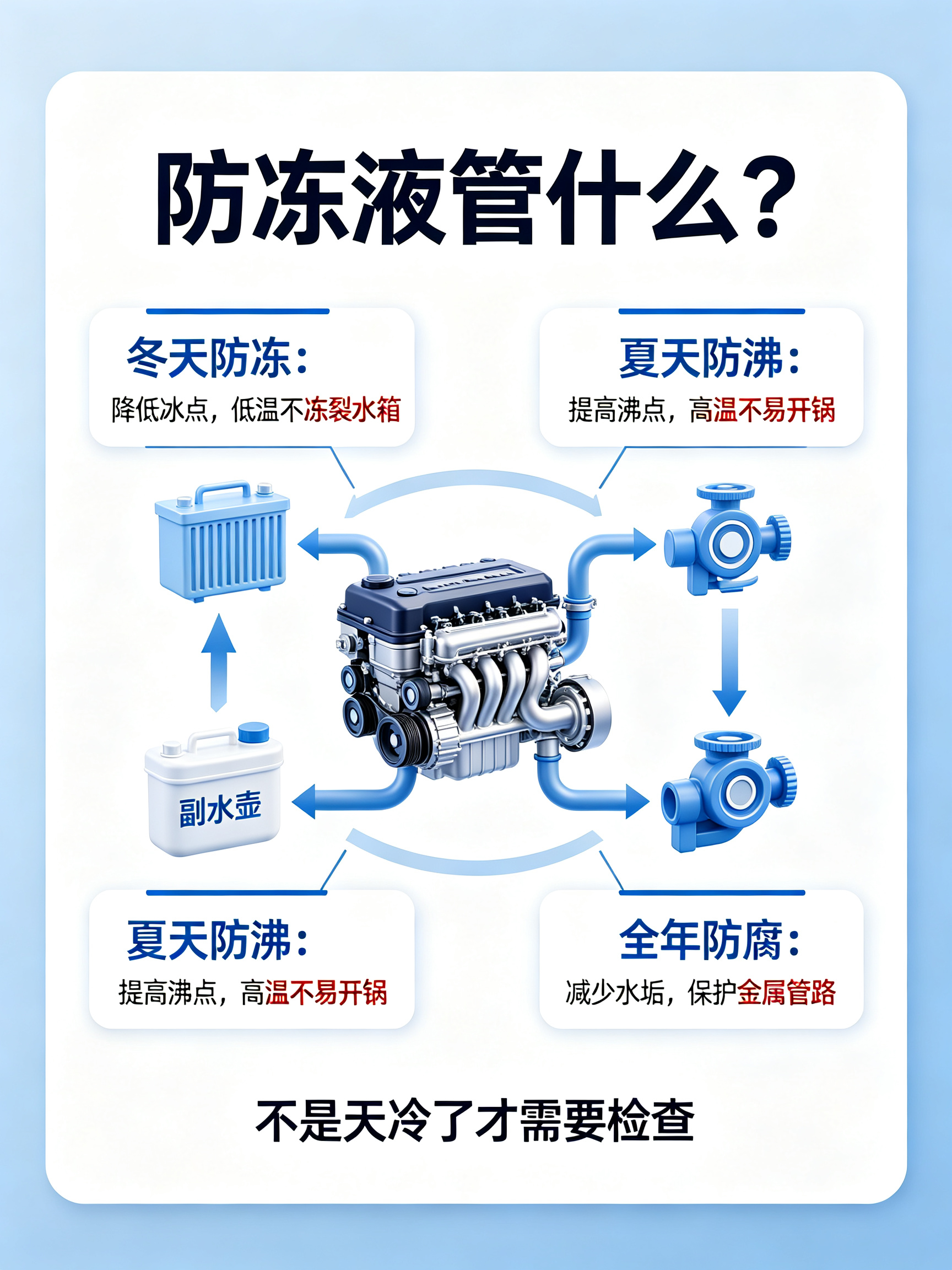 防冻液不是只有冬天才用得上。它不只是防冻，夏天还能防发动机高温开锅，平时还能防腐