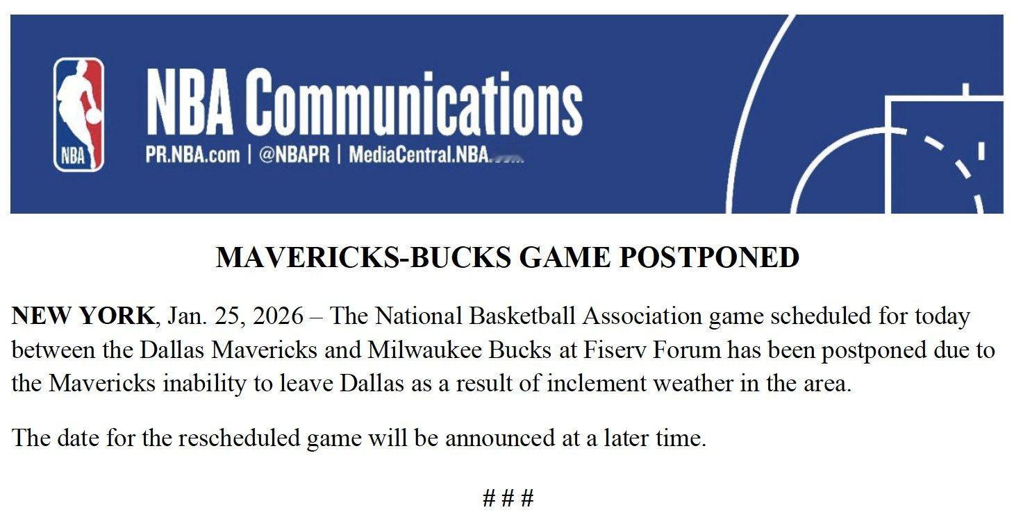 今天独行侠客场对阵雄鹿的比赛已经延期，NBA官方会再次安排这场比赛的时间。据随队