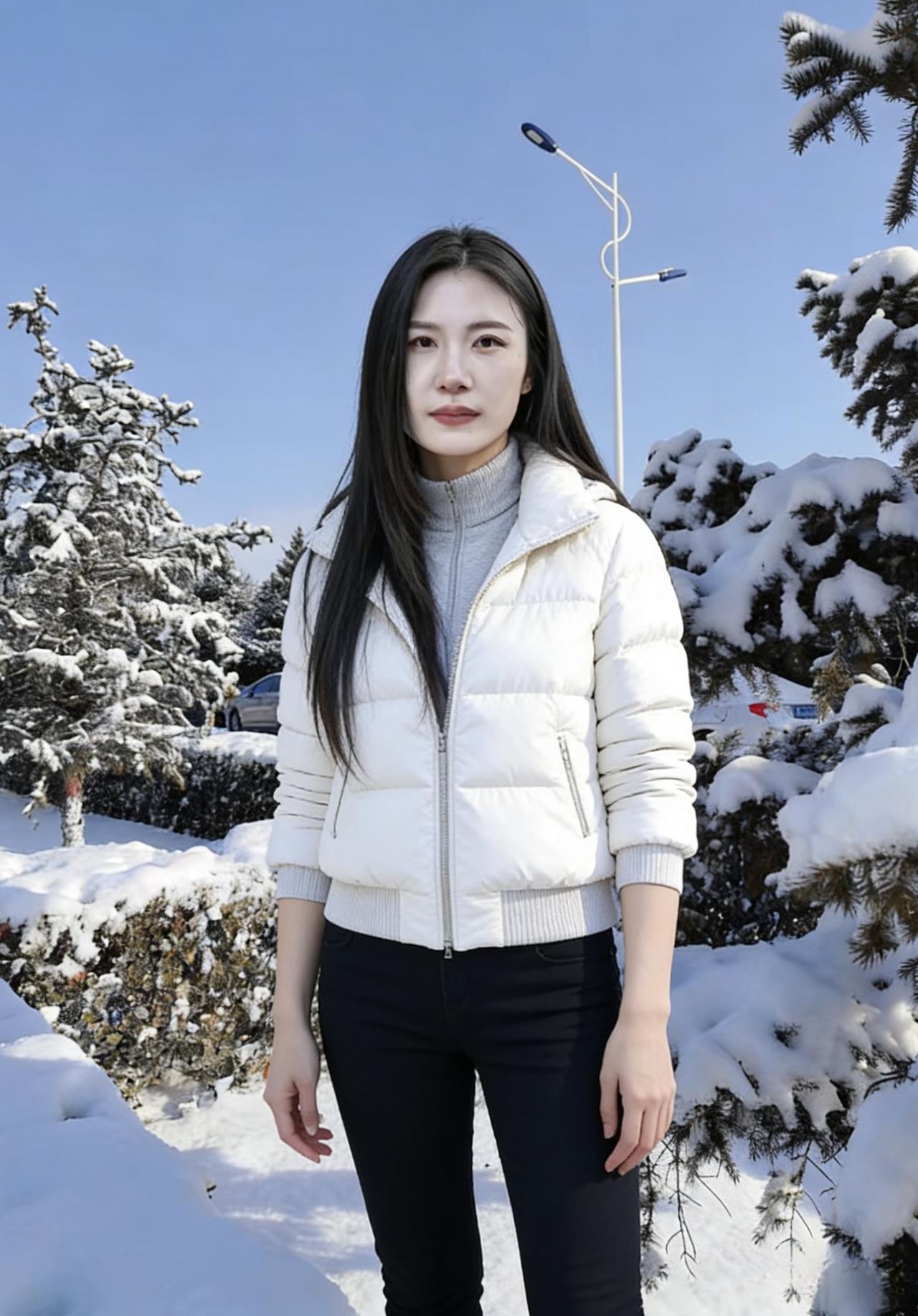 雪覆林间树，风侵陌上衣。
鬓云凝冷色，唇润漾春晖。
野径寒烟起，遥天暮影微。
凝