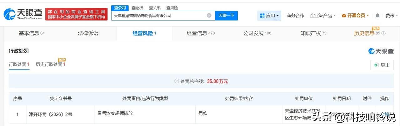 【雀巢中国旗下公司被罚35万 雀巢中国旗下公司因臭气超标排放被罚】
天眼查经营风