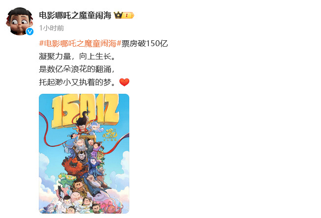 哪吒之魔童闹海票房破150亿 《哪吒之魔童闹海》票房破150亿，好可爱的贺图！ 