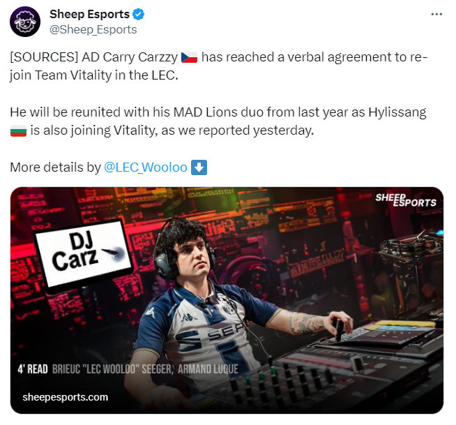外媒LEC_Wooloo爆料：原欧洲赛区MAD战队的AD选手 Carzzy 已和