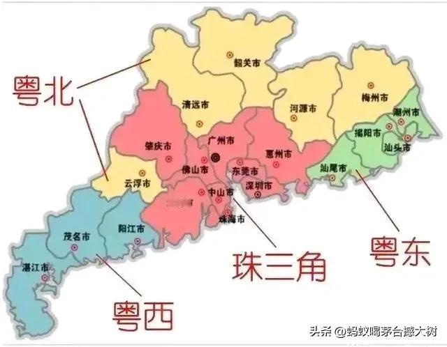 广东设5个大市就足够(强并弱，每市都有出海口并与邻省连接，以加速产业升级转移）：