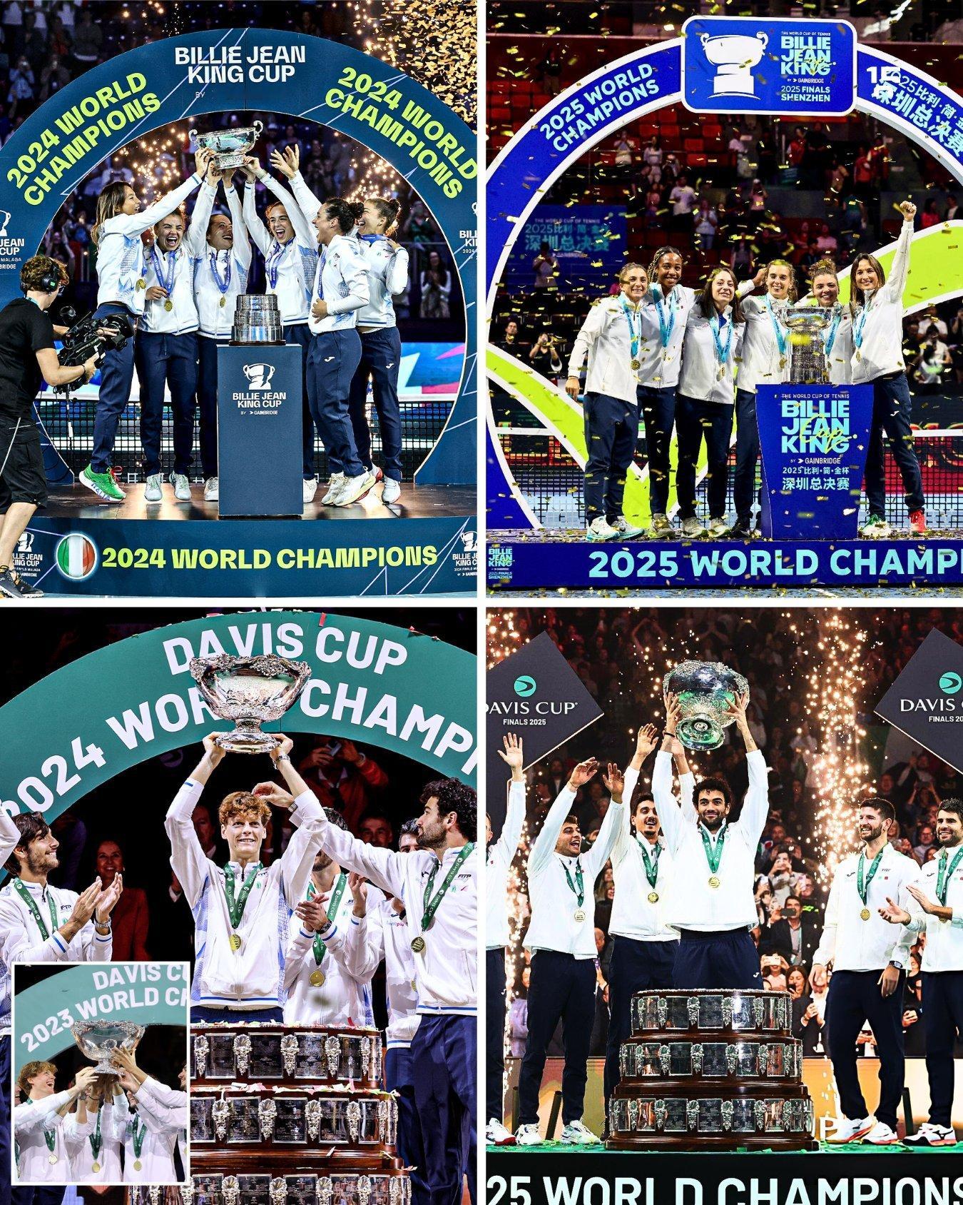 意大利比利简金杯两连冠、戴维斯杯三连冠。意大利女排和男排都夺得今年世锦赛冠军！连