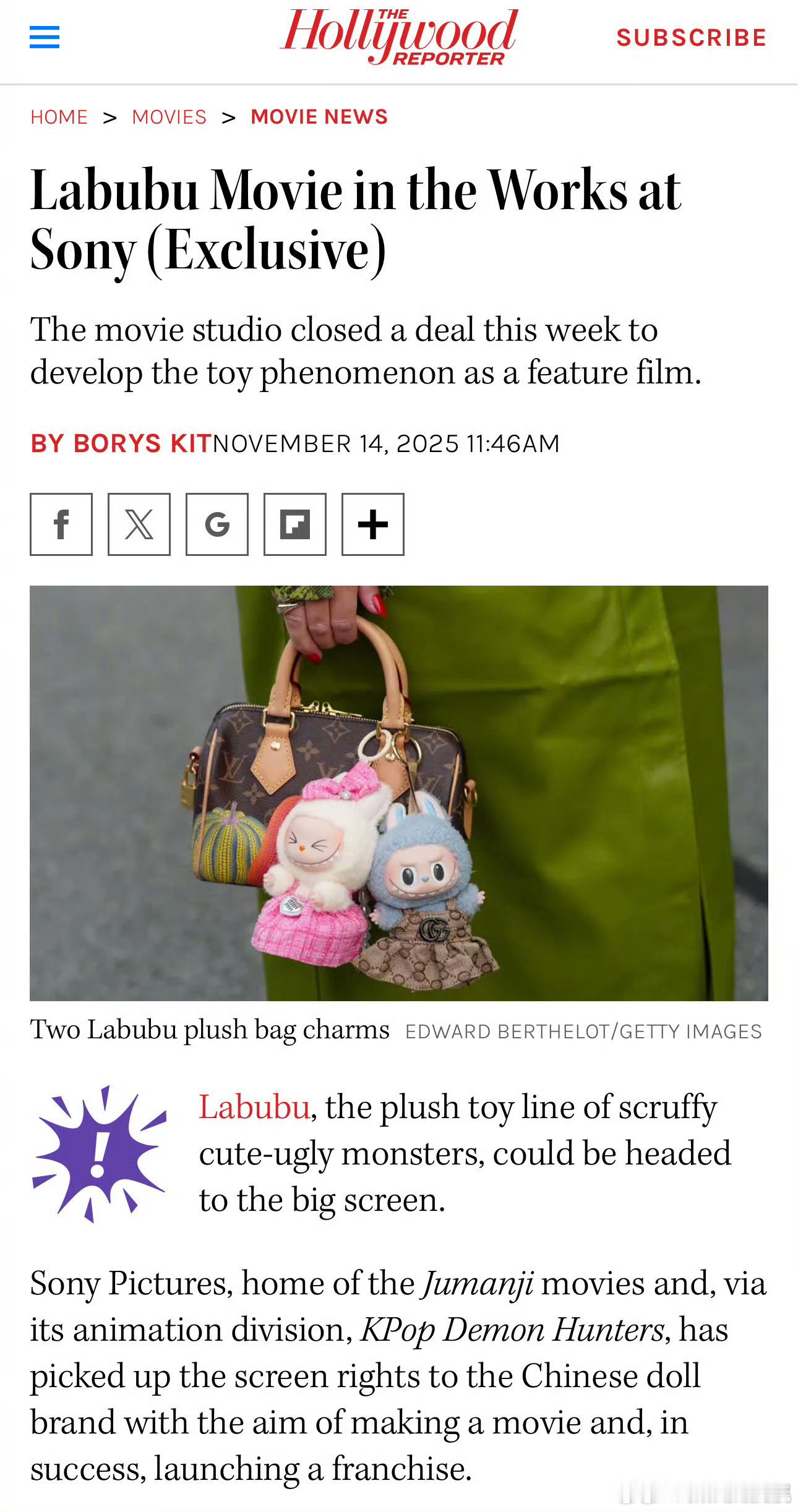 索尼影业买下Labubu的电影改编权，拍动画片还是真人版暂未确定。 