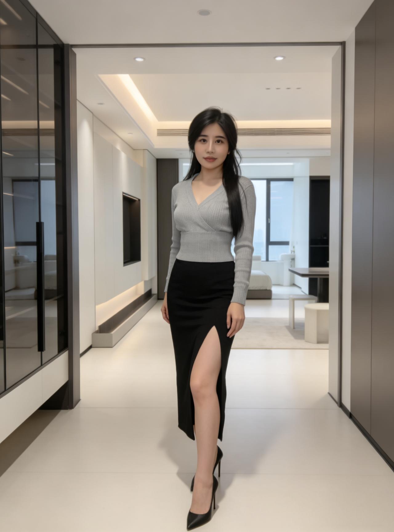 浅灰色V领收腰长袖针织衫，
侧边开叉设计增添灵动，
搭配黑色下装，简约修身，
尽