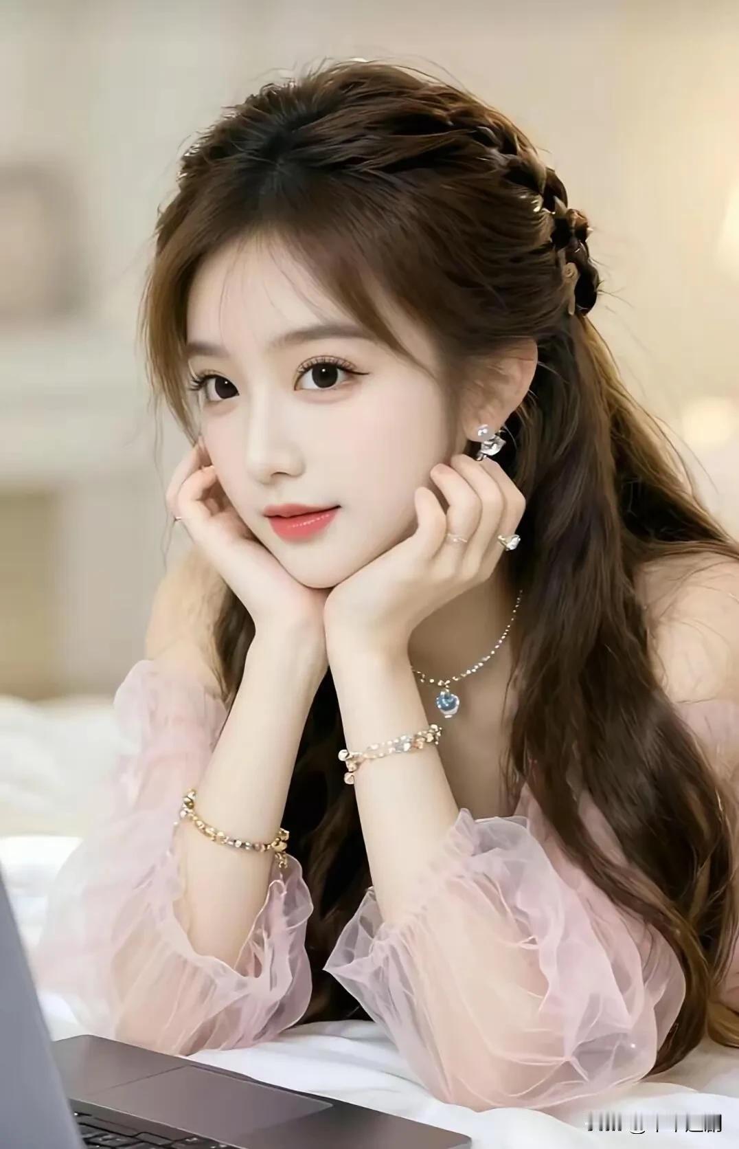 粉纱轻裹着少女的甜，碎钻在颈间与腕间轻闪。
发丝编着温柔的梦，托腮的瞬间，
连时