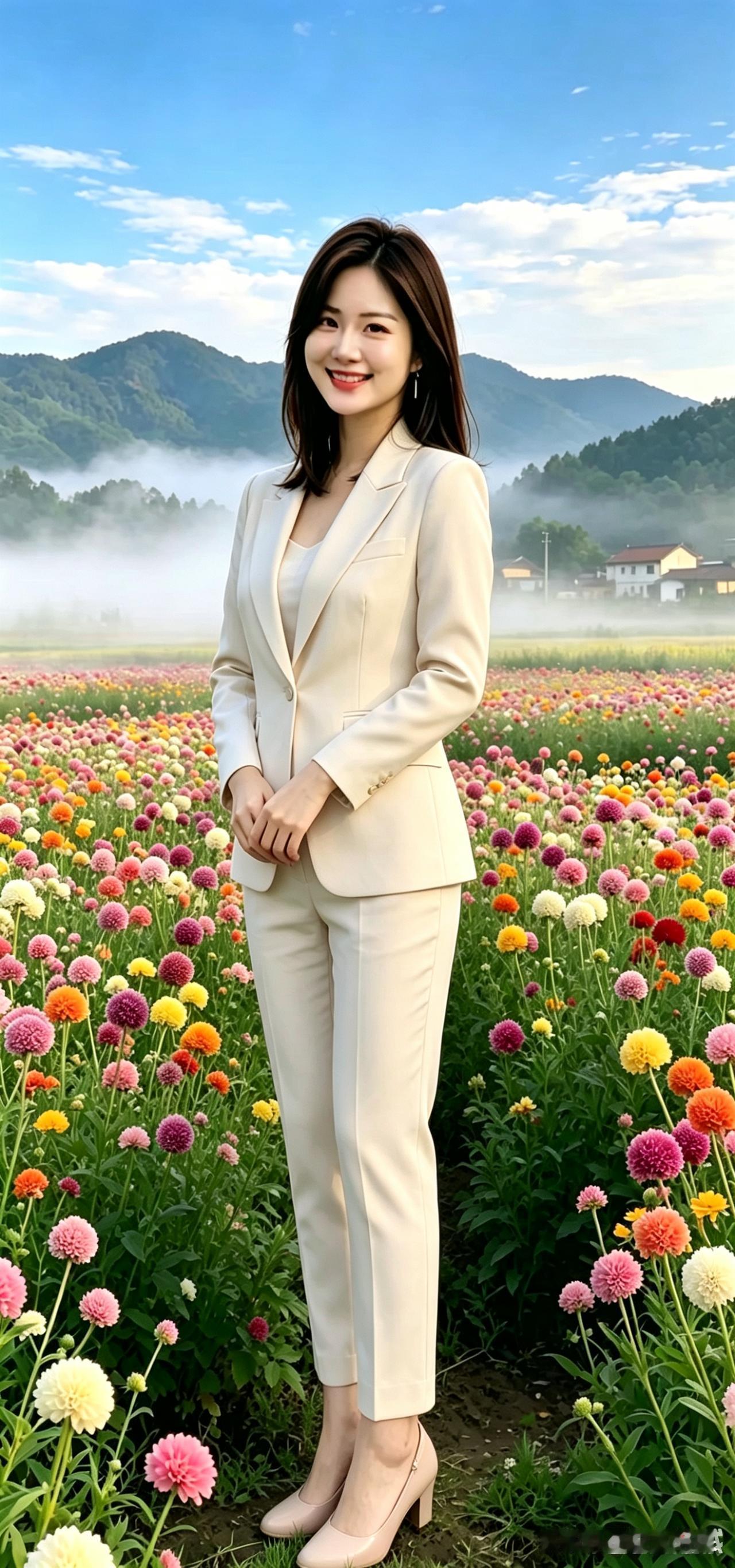 山间彩色花田铺满坡地，晨雾绕着远山，藏着静谧乡村晨光
 
连片球状花卉铺满整片平
