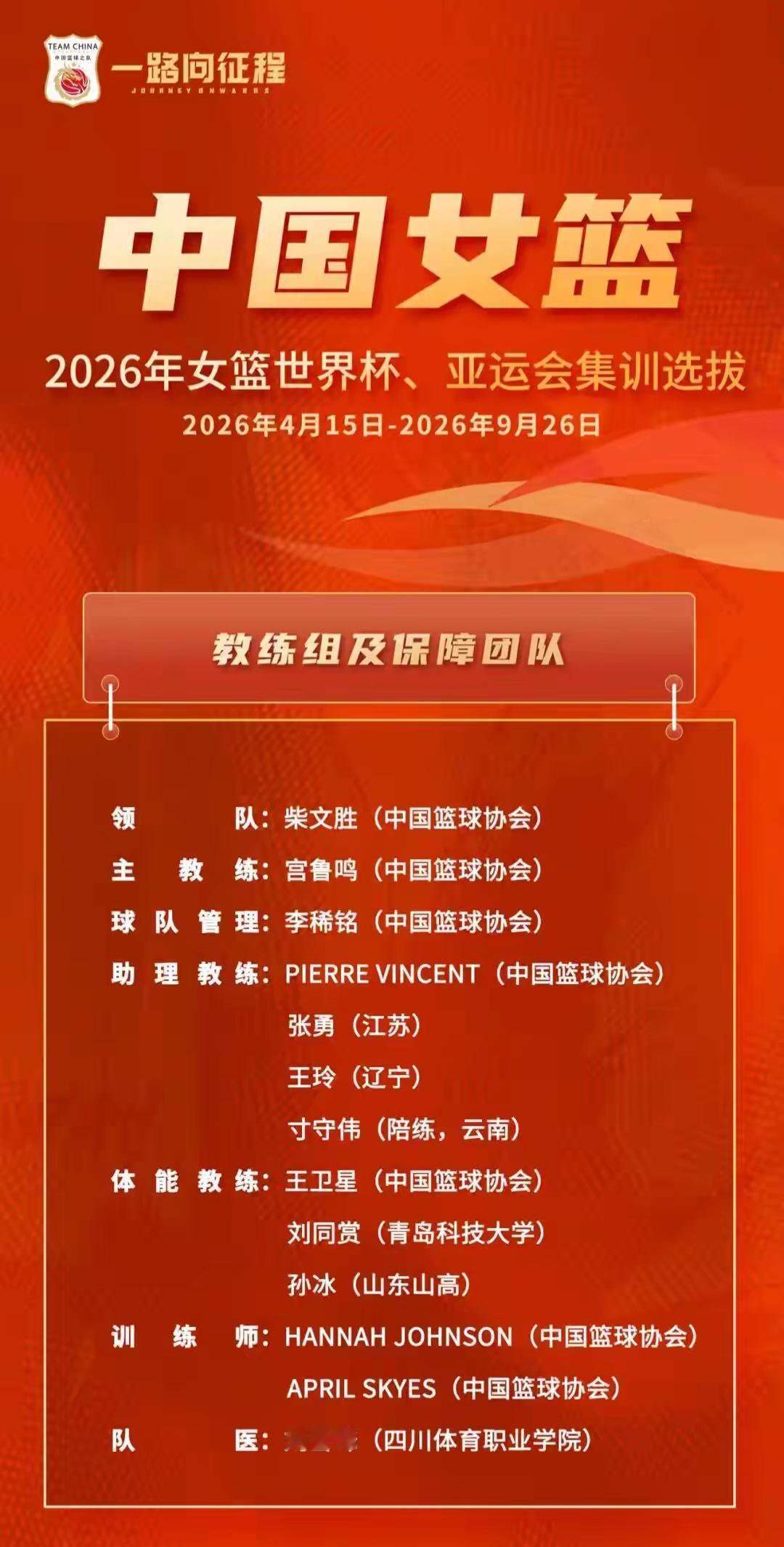 为了今年的女篮世界杯和亚运会，
宫指导的中国女篮，
公布最新一期的集训名单，
有