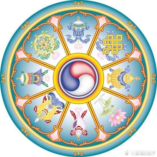 八吉祥图：宝伞、金鱼、宝瓶、莲花、白海螺、吉祥结、胜利幢、金轮。见者转发，一切顺