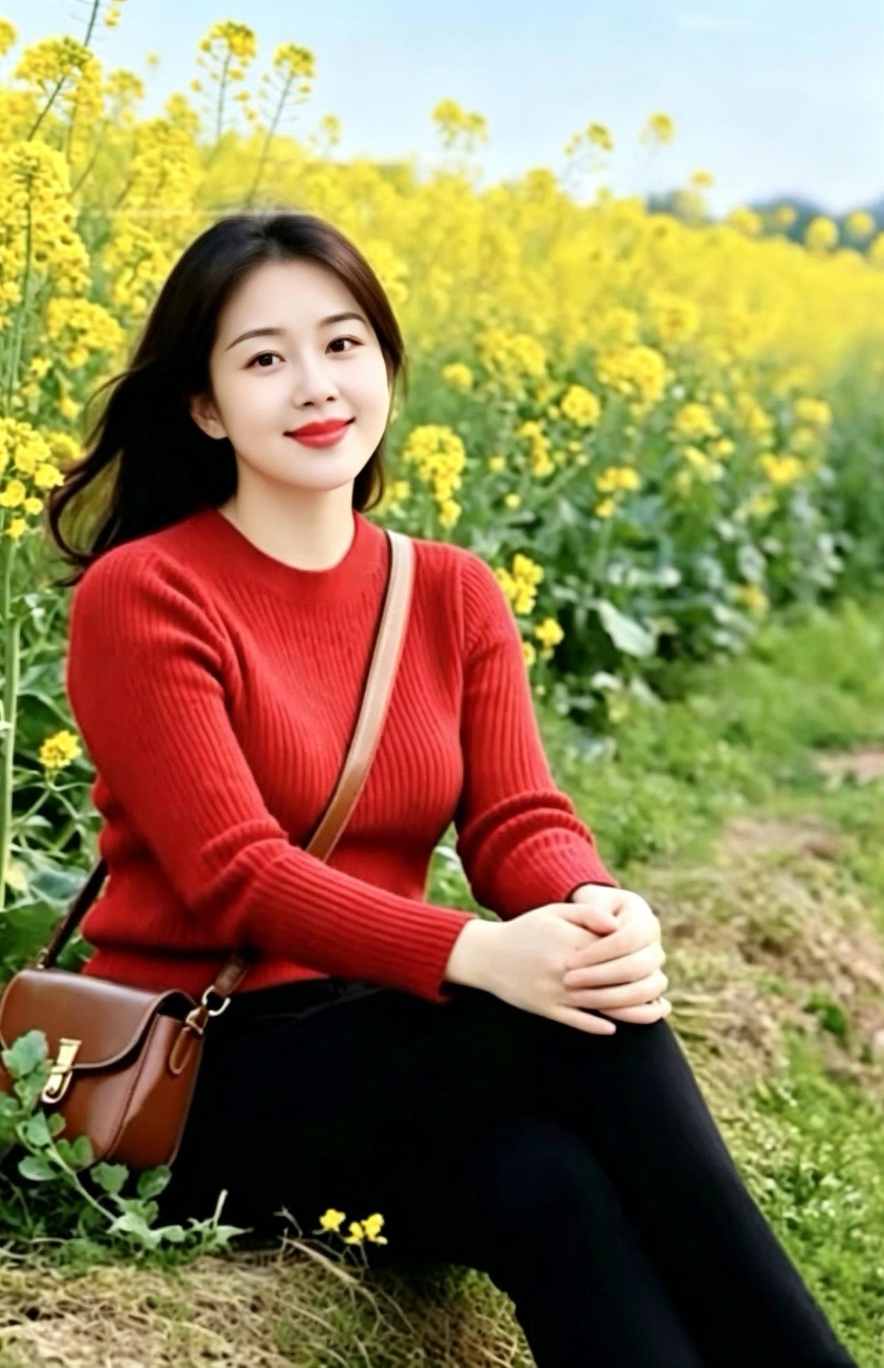 题郊原姝女花径坐
遍野金英缀野畴，
晴郊风软暖芳丘。
红衣静倚春烟里，
清思闲凝