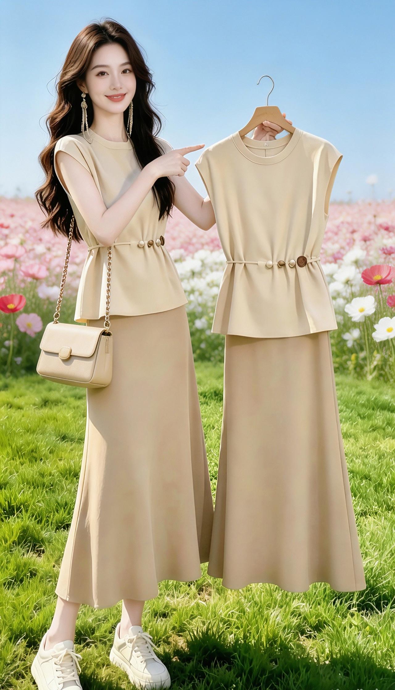 高腰显瘦优雅套装 气质时尚无袖显瘦套装 优雅气质连衣裙套装 女士优雅套装 高腰长