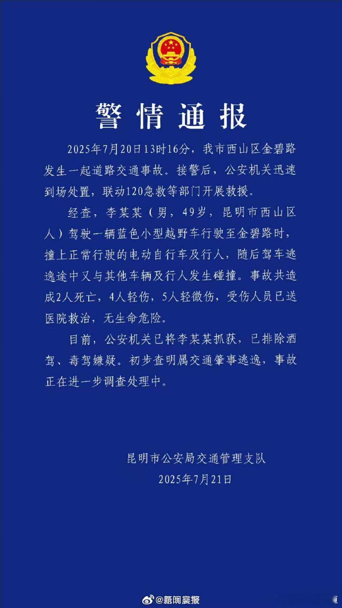 胖哥汽车频道[超话]昆明交通事故致2死9伤，初步查明属肇事逃逸。昆明官方称机动车