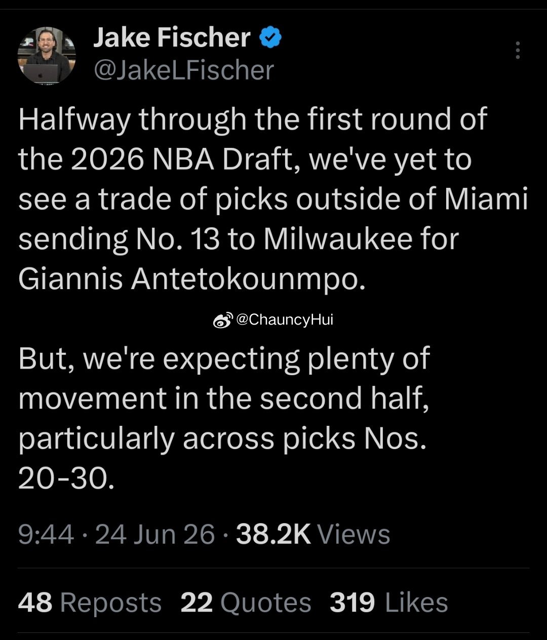 预计20-30顺位会有很多交易2026nba选秀