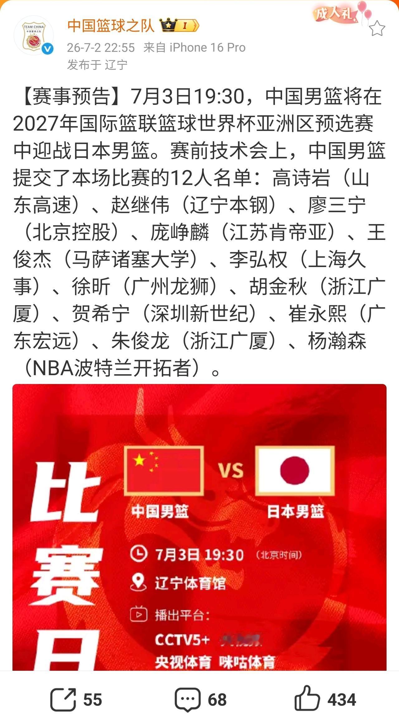 世预赛对阵日本12人名单发布，和自己的预测基本吻合：

1. 徐昕 PK焦泊乔，