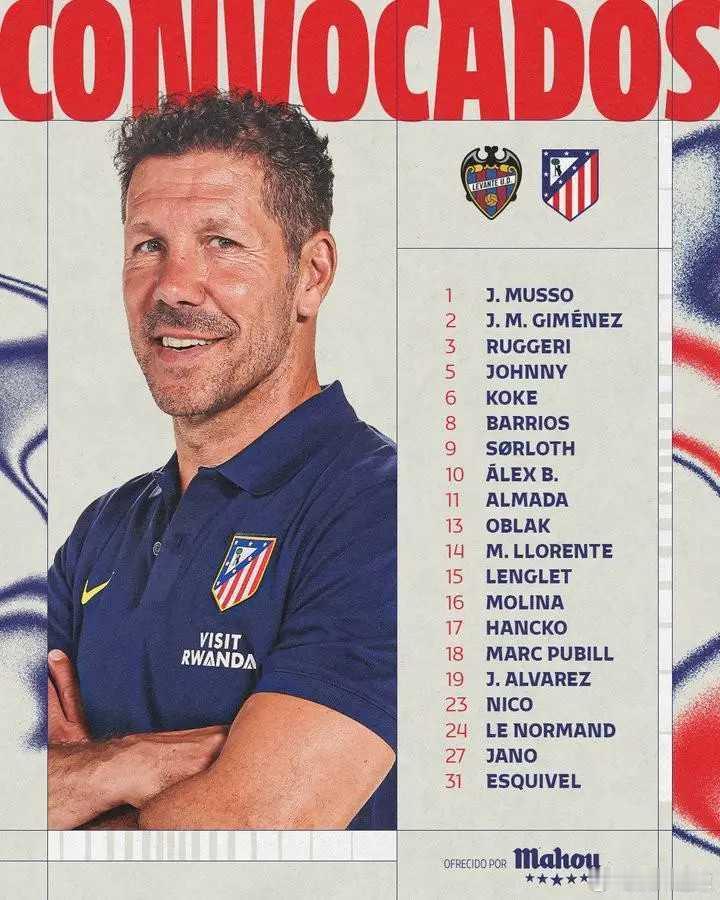 马竞战莱万特名单：格子、小西蒙尼缺阵，一队外场球员剩16人北京时间1月31日，马