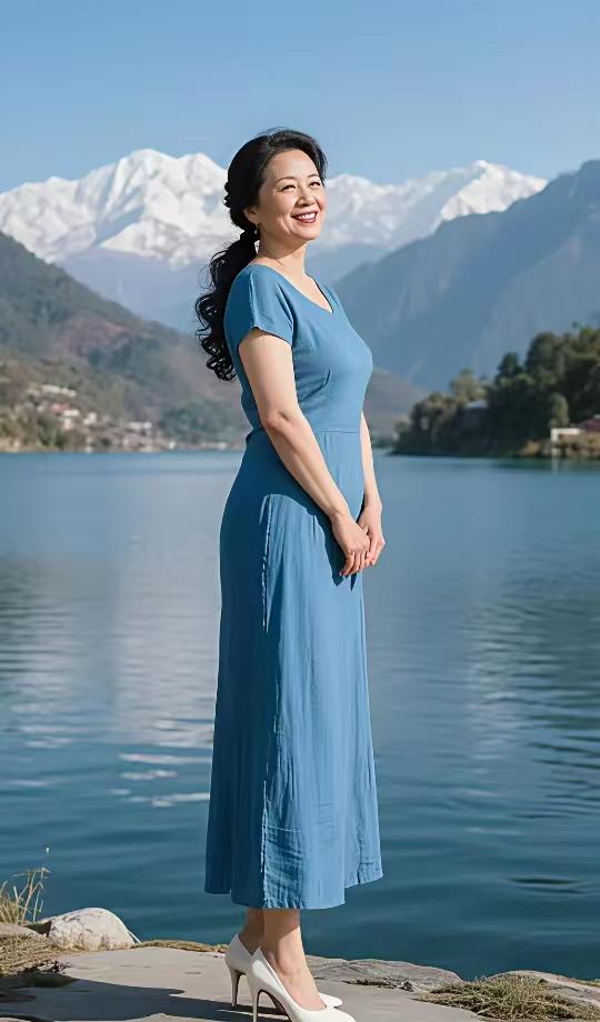 金字经·熟女神韵
成熟风姿漾，
蓝裙柔似霜。
湖映肌肤润且光。
芳，发摇风带香。