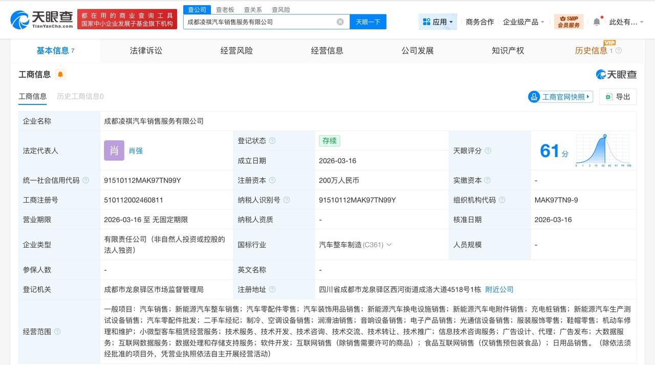 零跑汽车在成都成立汽车销售服务公司 注册资本200万
天眼查工商信息显示，近日，