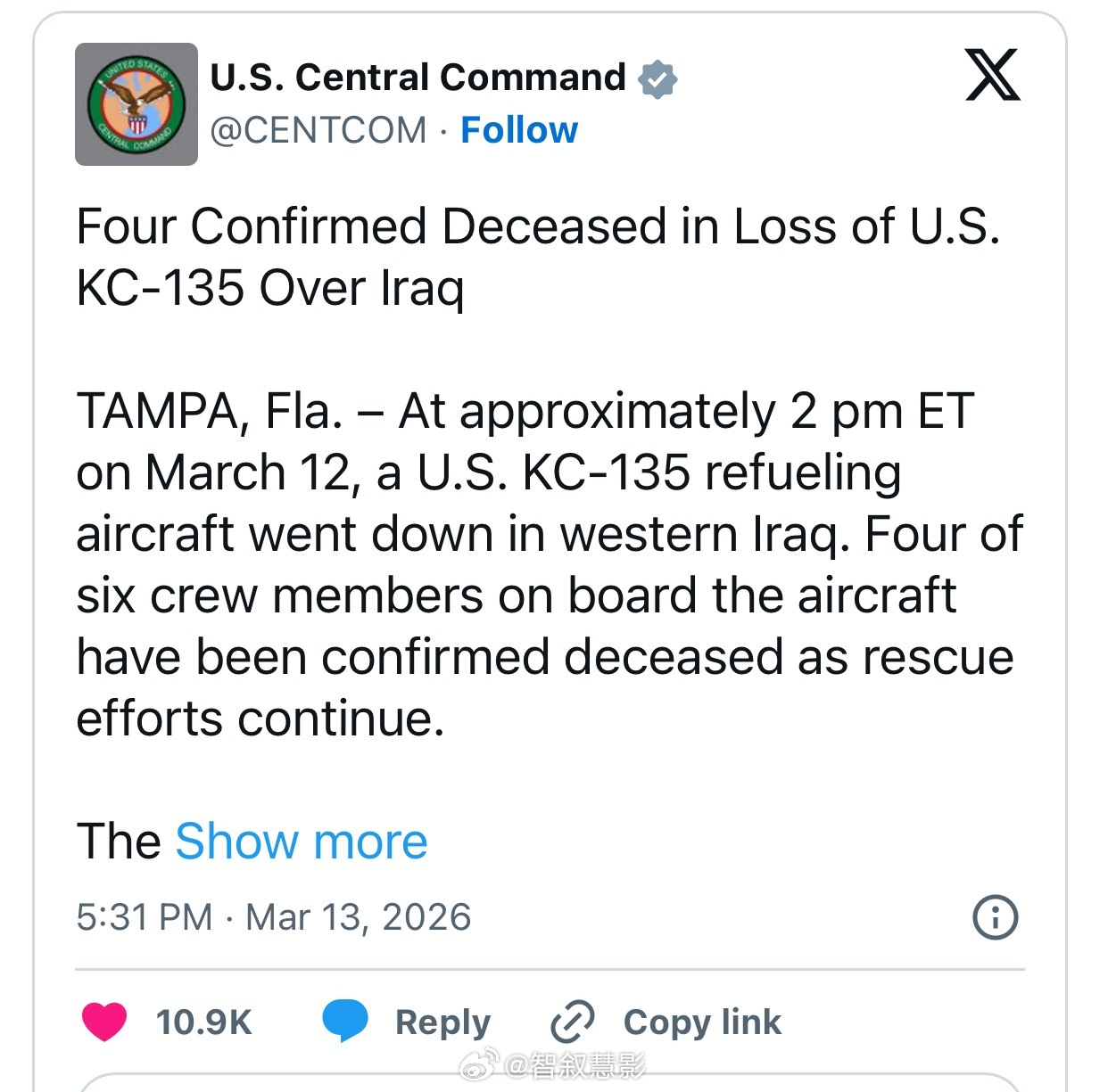🇺🇸美军一架KC-135空中加油机在伊拉克坠毁，机上有六人（四人死亡、两人失