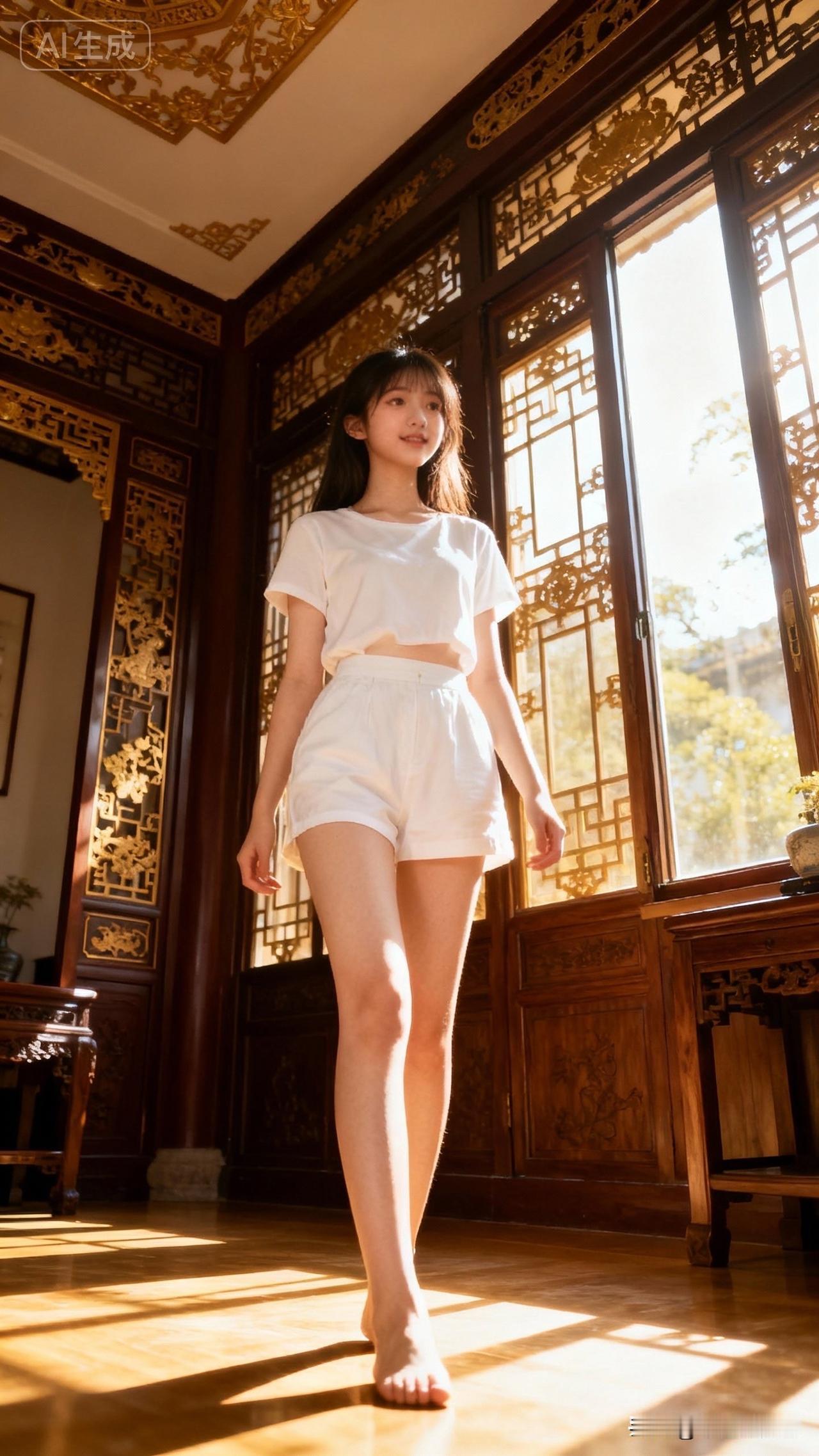 阳光洒进屋内，女孩在微笑。