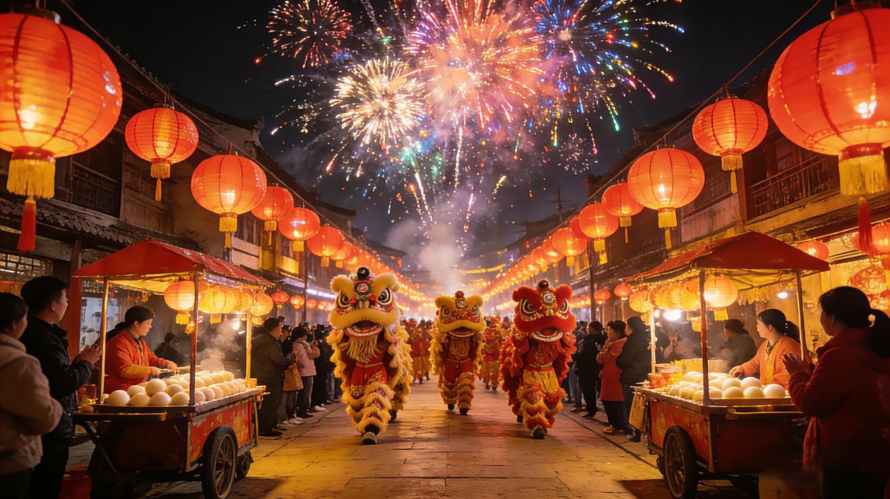 千灯照夜闹元宵，
火树流光上碧霄。
狮鼓喧街盈瑞气，
星桥映月竞娇娆。
香浮玉丸