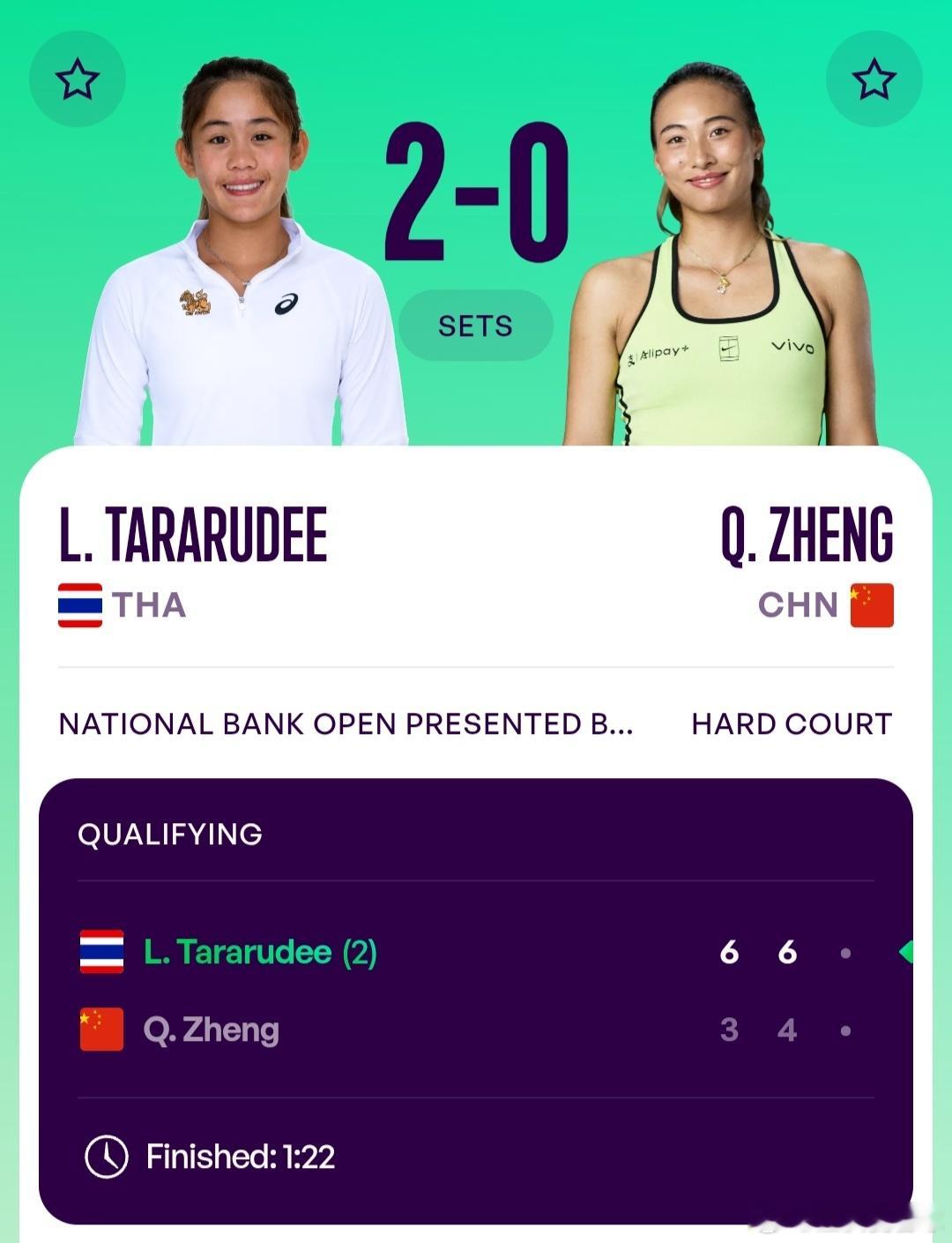 WTA1000多伦多站🇨🇦资格赛决胜轮郑钦文🇨🇳3-6/4-6不敌2号种