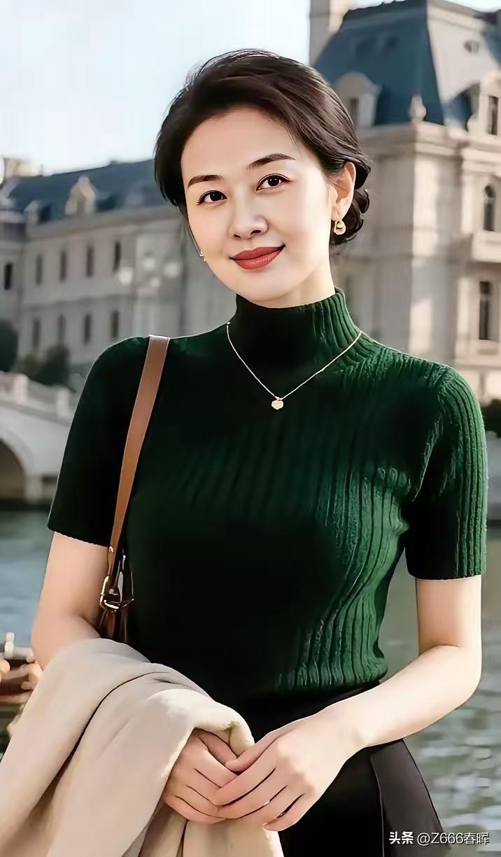 天净沙·河畔佳人
河畔古筑烟霞，
墨绿高领芳华，
风里身姿淡雅。
金链微光轻挂，