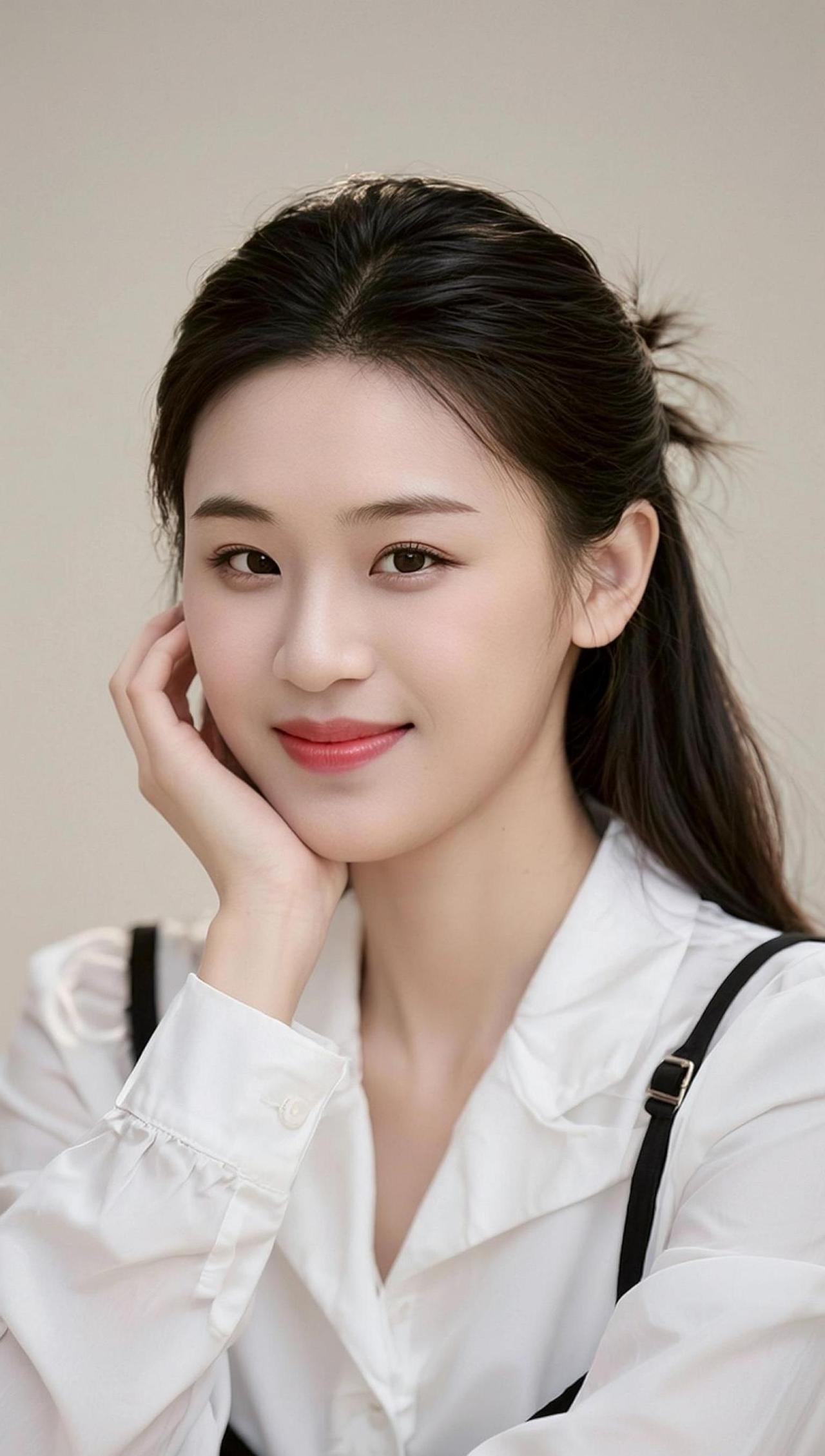 在柔和的光影中，她轻轻托着脸颊，仿佛在与时光低语。白色的衬衫如云朵般纯净，映衬出