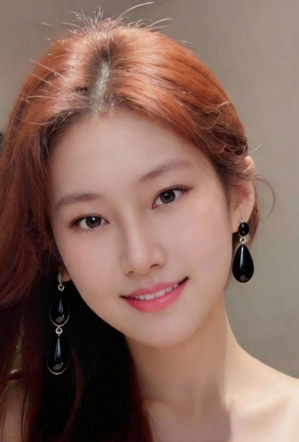甜美红发少女，黑珍珠耳环，温柔微笑，元气满满！💖✨