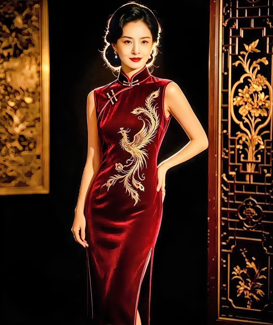 酒红丝绒暖，

金凤落肩头。

雕窗含夜色，

光为你停留。

手轻搭腰际，
