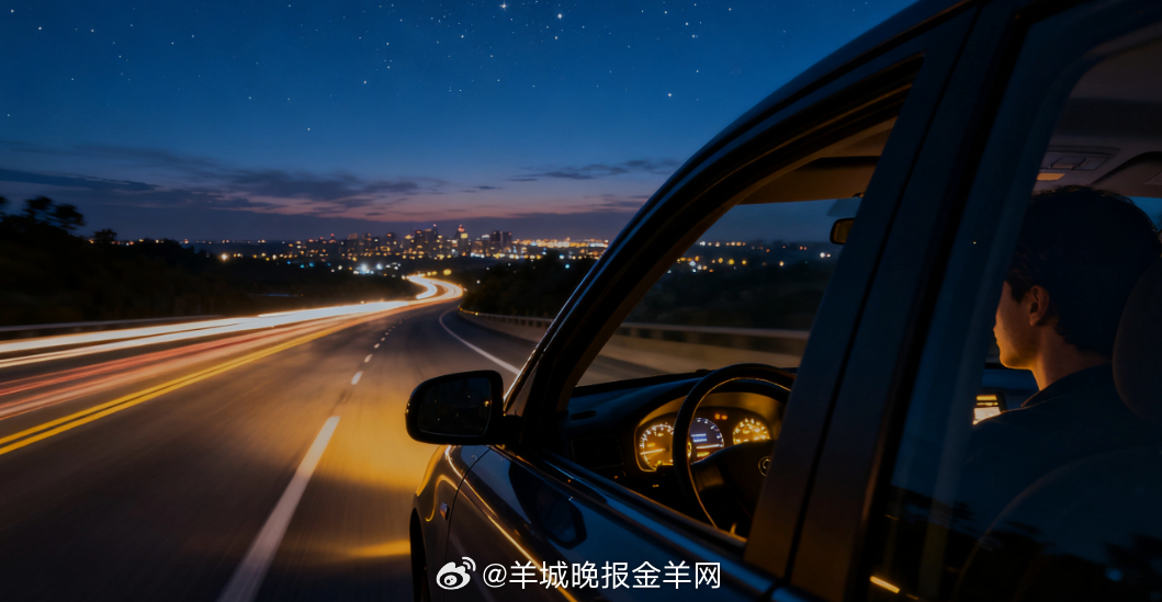 #晚安[超话]# 暮色中的高速公路，车灯照亮前方道路，远处城市灯光点点，车内透出