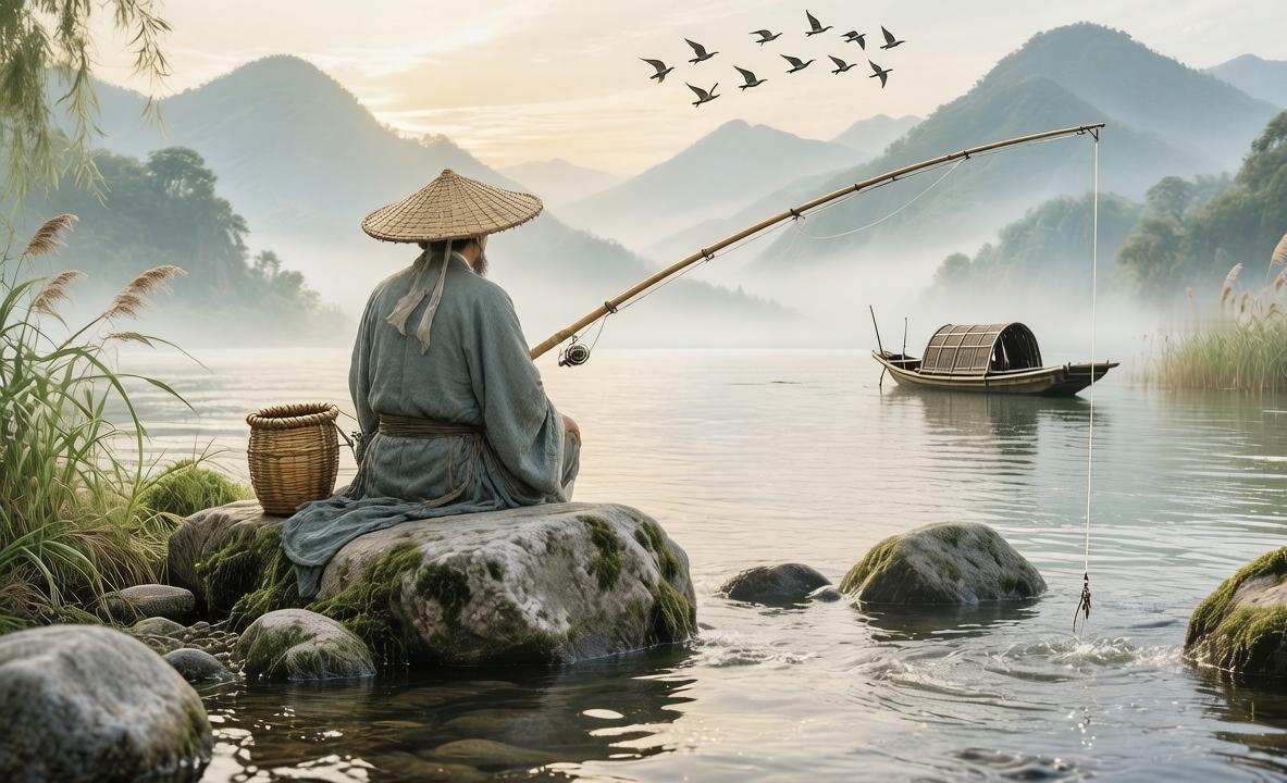 《垂钓》
绿荫初浓暑未狂，一竿斜照水风凉。
心平能钓江湖静，不在丝纶短与长。
—