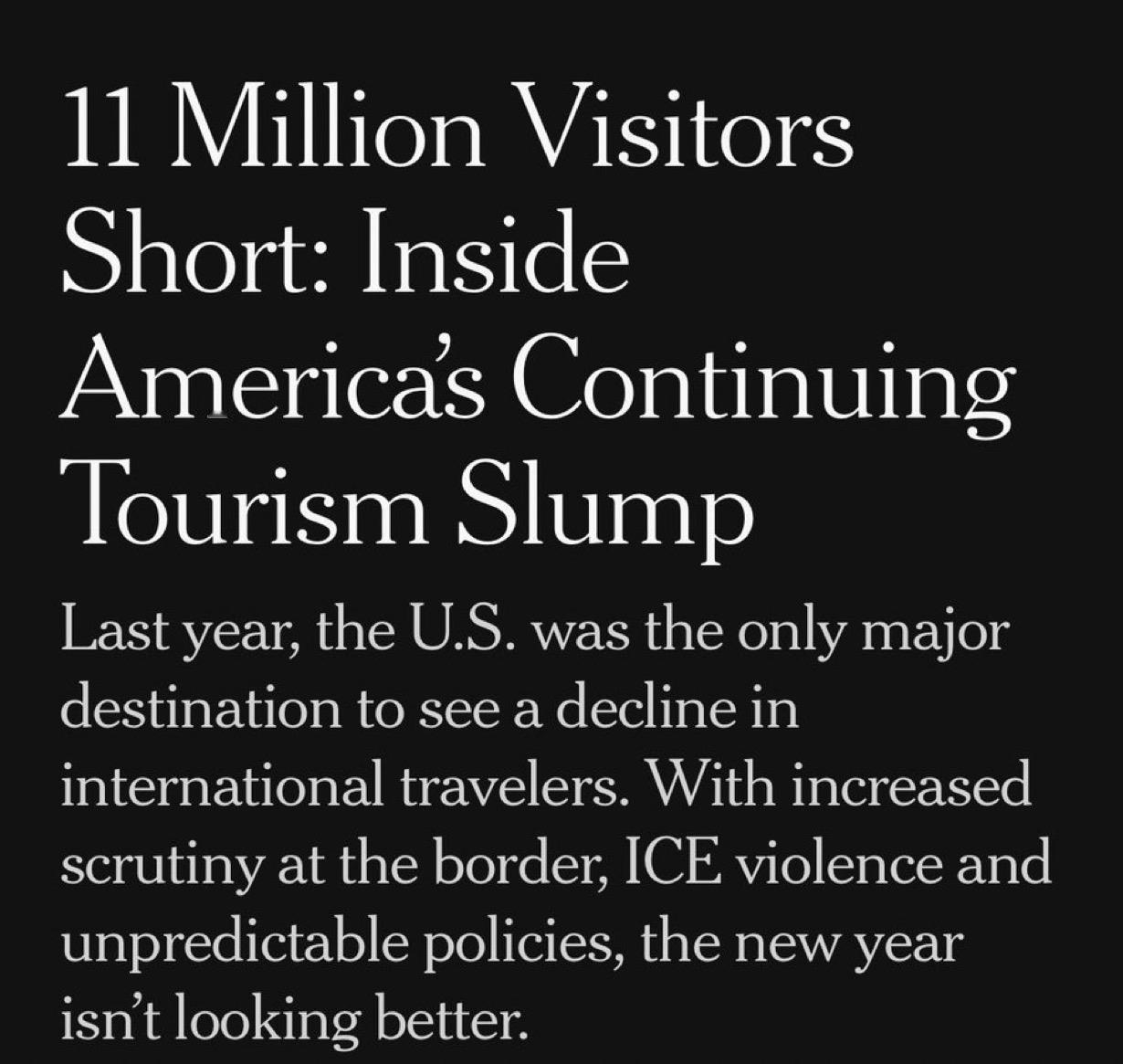 《纽约时报》：2025年，在全球旅游业蓬勃发展之际，美国是唯一一个外国游客数量出