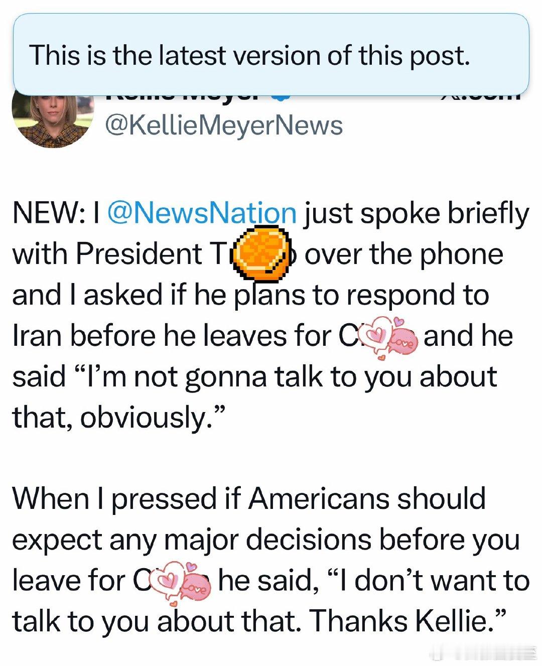 记者：出发前，会对伊做出反应吗T：我显然不会告诉你记者：会有什么重大决定吗T：我