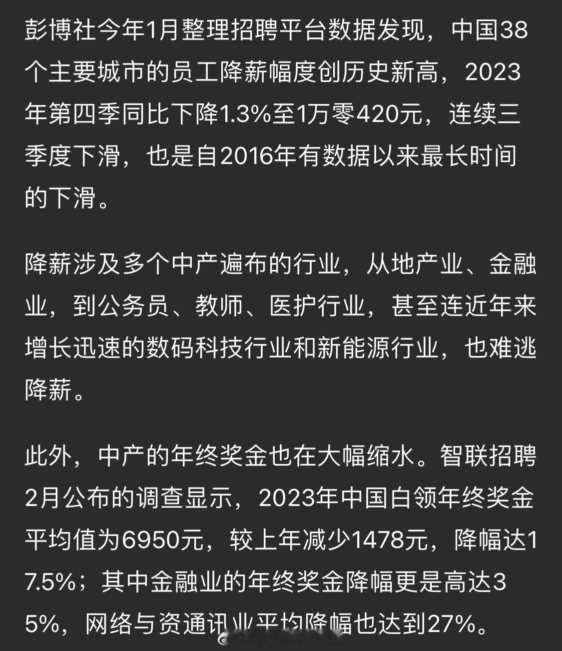 彭博社：中国38个城市的员工降薪幅度创历史新高。 ​​​