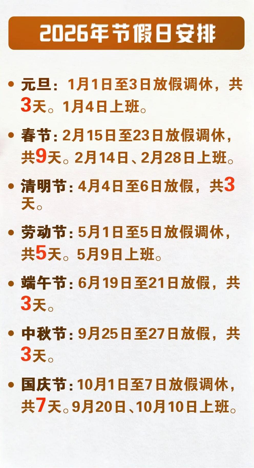 2026年放假增加5天