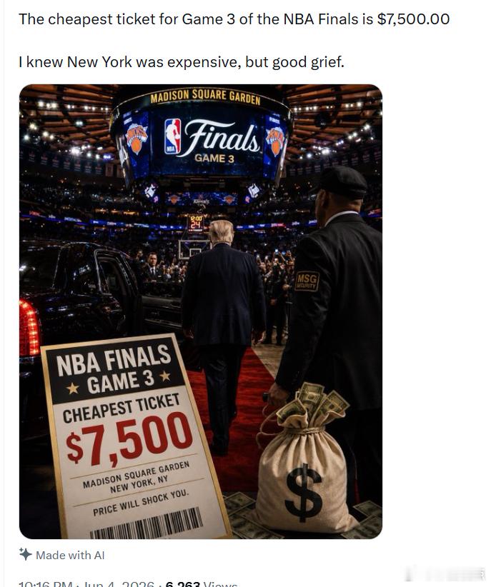 NBA总决赛第三场最便宜的一张门票都要7500美元。纽约消费高，但这也太夸张了。