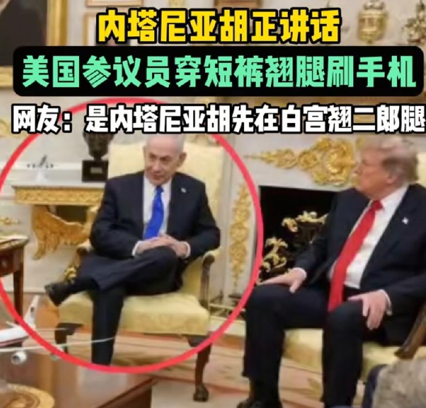 内塔尼亚胡白宫会见特朗普跷二郎腿。
美国参议员会见内塔短裤耍手机跷二郎腿。
这说
