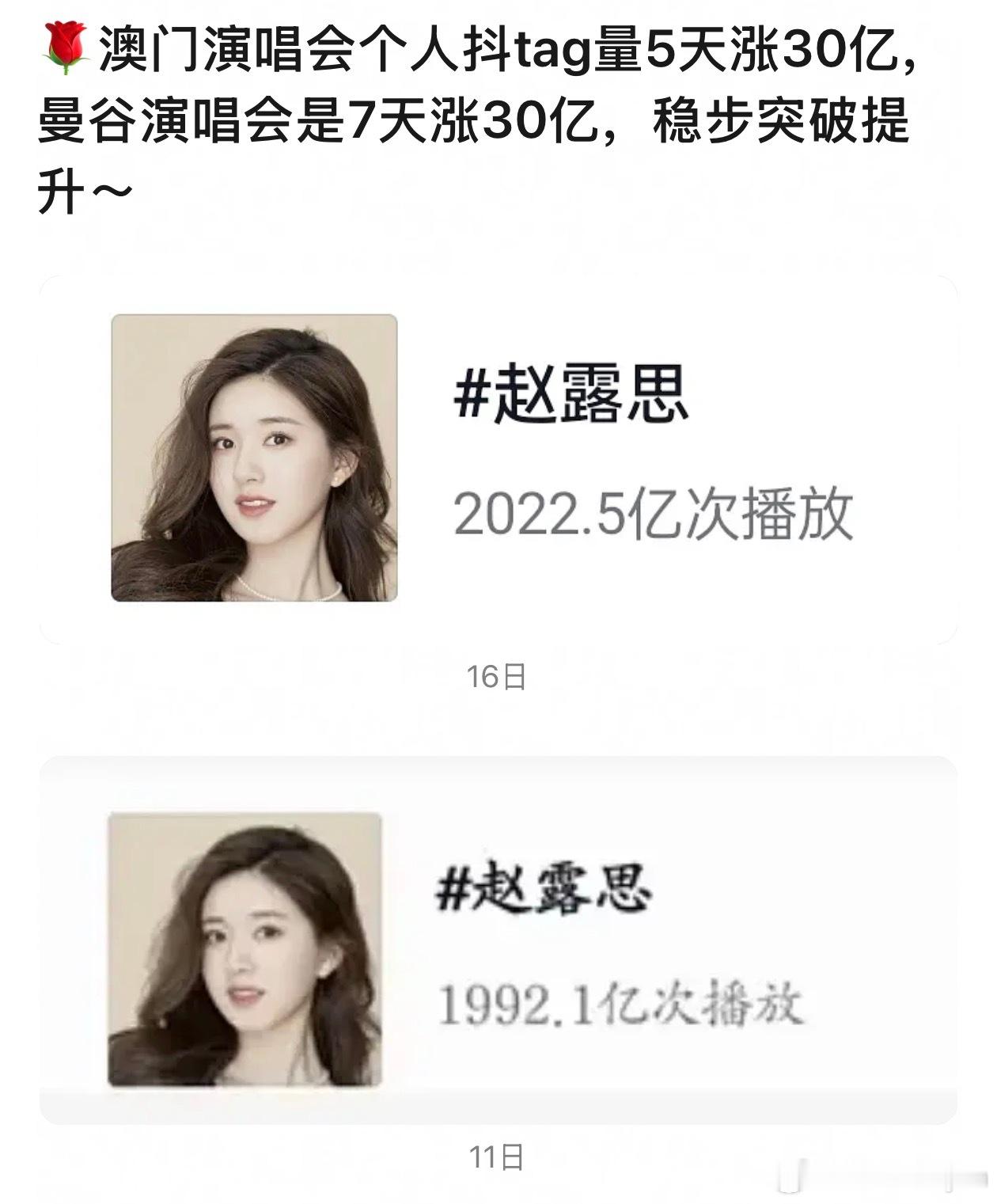 赵露思澳门演唱会个人抖tag量5天涨30亿，曼谷演唱会是7天涨30亿，稳步突破提
