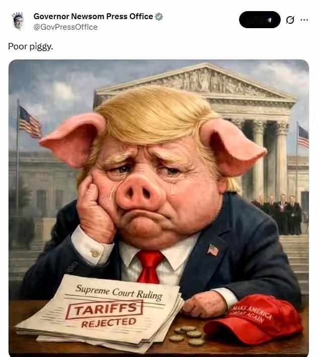 美国加州州长加文·纽森发了一幅画，将特朗普画成一只哭泣的猪，讥讽特朗普的关税法案