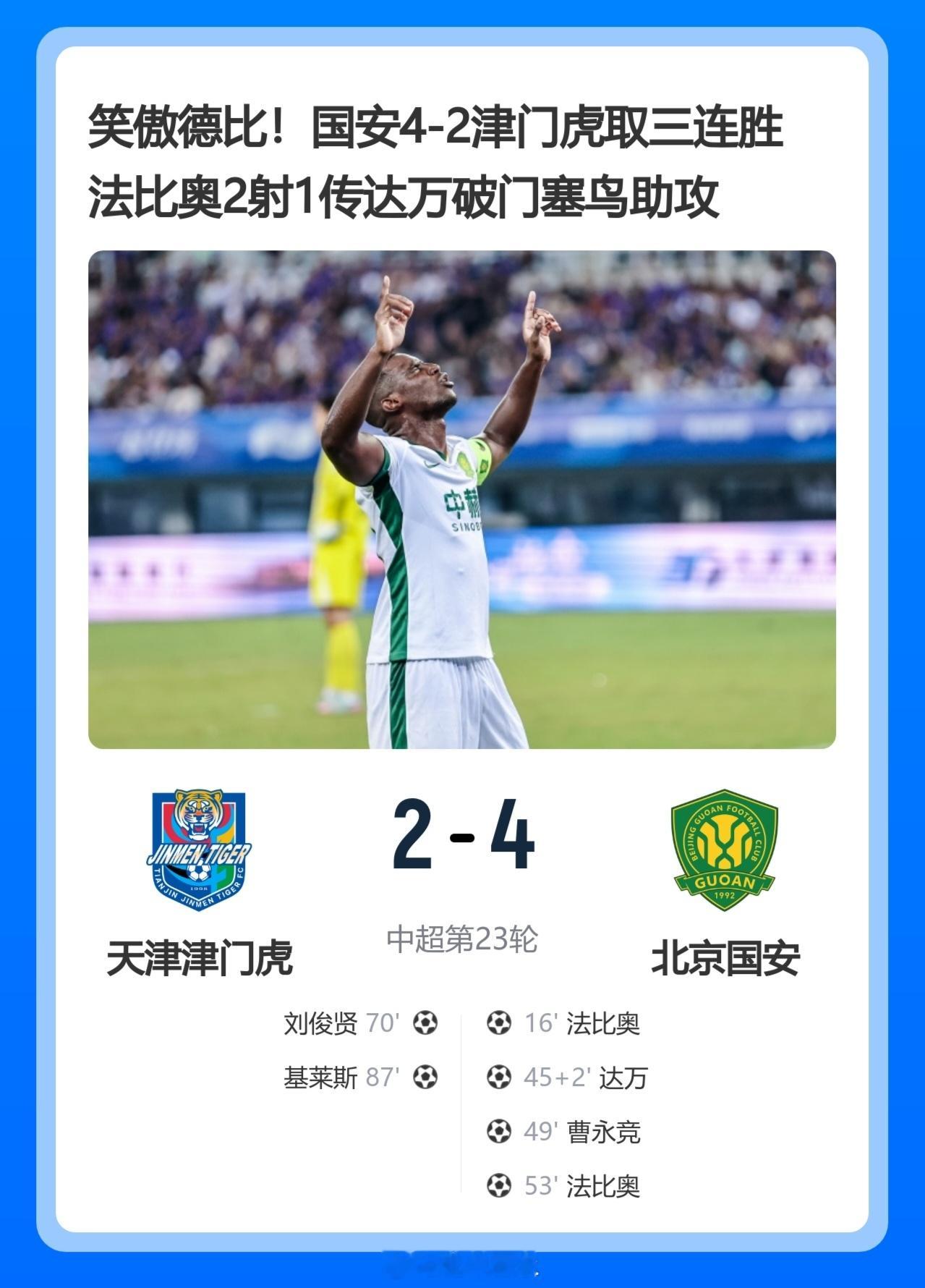 北京单场 笑傲德比！国安4-2津门虎取三连胜 法比奥2射1传达万破门塞鸟助攻北京