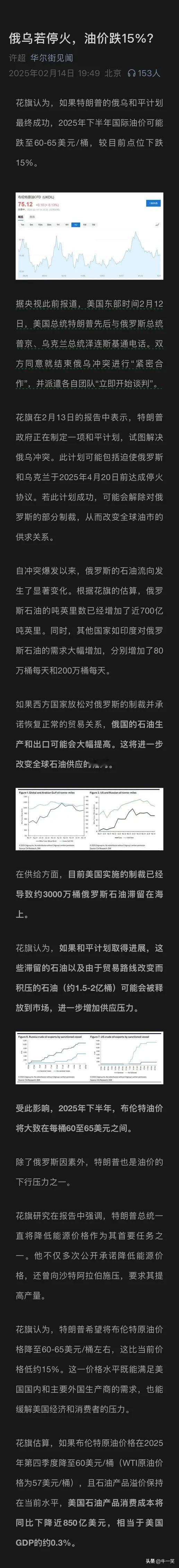 国际油市要变天?花旗最新报告预警：若俄乌四月前停火，全球油价恐暴跌15%至65美