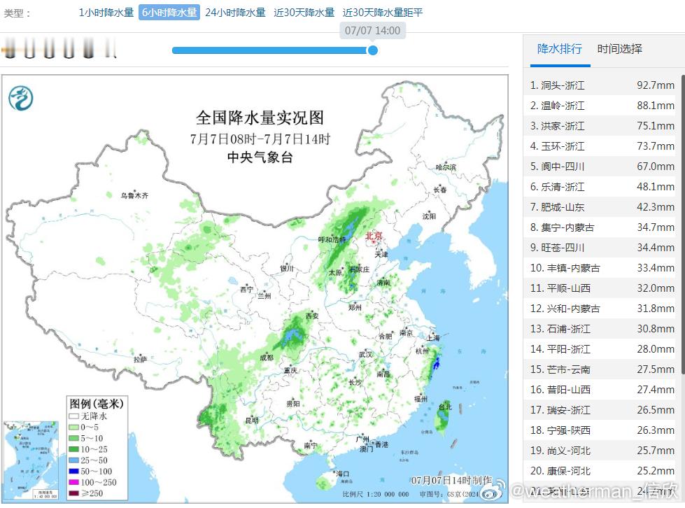 【强降雨】今天08-14时，因为台风丹娜丝的影响，浙江洞头、温岭、台州椒江区（洪